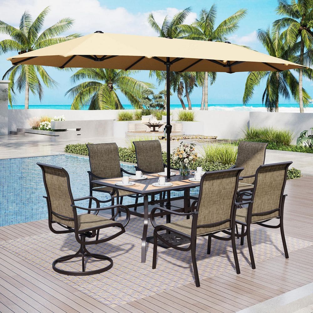 Black 8-Piece Metal Rectangle Patio Outdoor Dining Set with Geometric Table, Umbrella and Textilene Chairs price history on PriceWatchPro