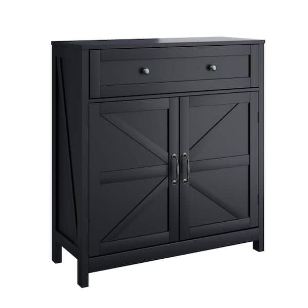 30 in. W x 12 in. D x 32.5 in. H Black Wood Linen Cabinet with Walnut Countertop, Drawer and 2 Doors for Bathroom