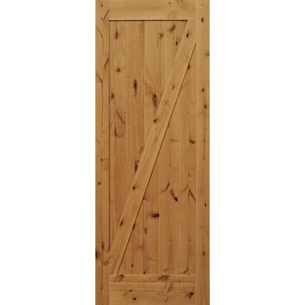 Steves & Sons 36 in. x 84 in. 1 Panel Z-Frame Clear Coat Finish Knotty Alder Wood Sliding Barn Door with Hardware Kit