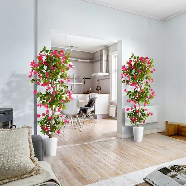 Living Flower リビングフラワ　20本 6 ft. Artificial Bougainvillea Tree, Pink Silk Faux Plant in White