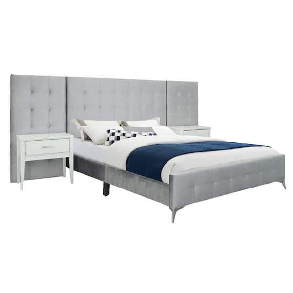 Mila Silver Wood Frame Queen Platform Bed with Upholstered
