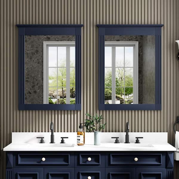 2-Piece 26 in. W x 33 in. H Medium Rectangular Solid Wood Framed Wall Bathroom Vanity Mirror in Navy Blue