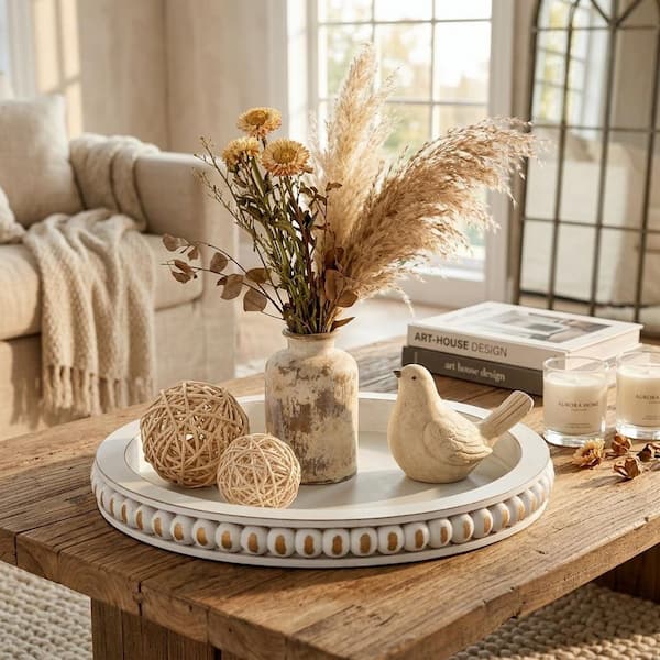 White Wood Round Decorative Tray for Home Decor AV5LM19 - The Home