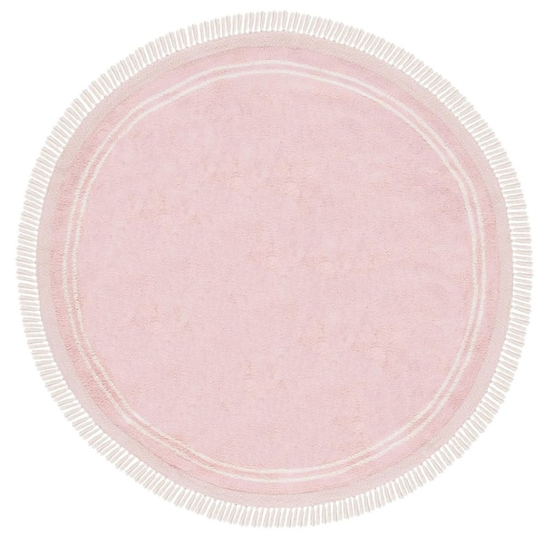 Easy Care 8 ft. x 8 ft. Pink/Ivory Machine Washable Solid Fringe Round Area Rug