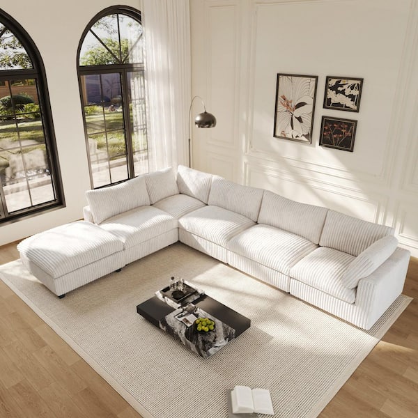 J&E Home 157.48 in. Square Arm 6-Piece Rabbit Velvet Plush Modular Free Combination Sectional Sofa with Ottoman in White