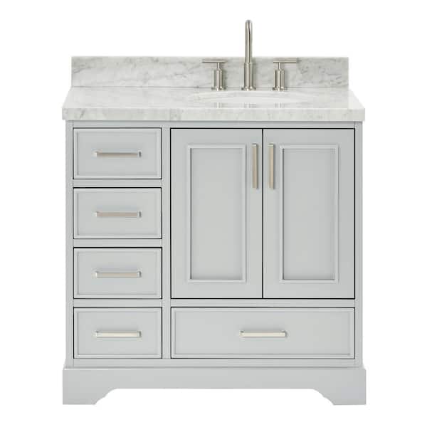 Stafford 36 in. W x 22 in. D x 36 in. H Right Single Sink Freestanding Bath Vanity in Gray with Carrara White Marble Top
