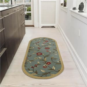 Ottohome Collection Non-Slip Rubberback Floral Leaves 2x5 Oval Runner Rug,1 ft. 8 in. x 4 ft. 11 in.,Dark Seafoam Green