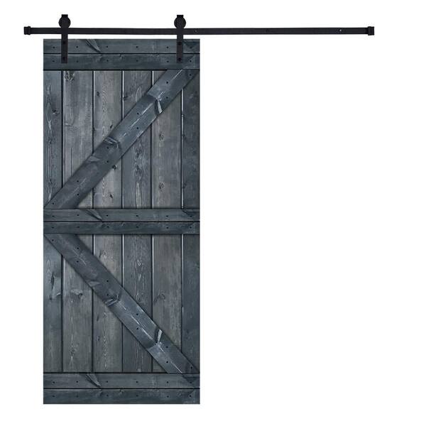 AIOPOP HOME 36 in. x 84 in. K-Bar Series Icy Gray Knotty Pine Wood Diy Sliding Barn Door with Hardware Kit