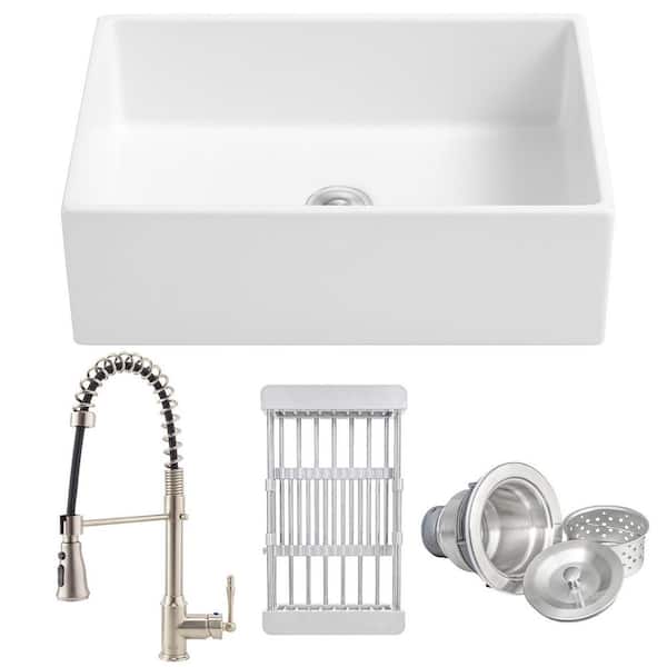 White Fireclay 33 in. Single Bowl Apron-Front Kitchen Sink with Faucets and Basket Strainer