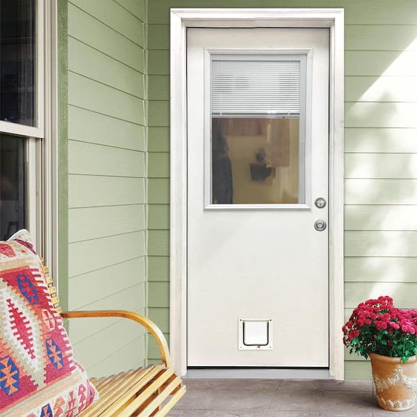 36 in. x 80 in. Reliant Series Clear Mini-Blind LHIS White Primed Fiberglass Prehung Front Door with Small Cat Door