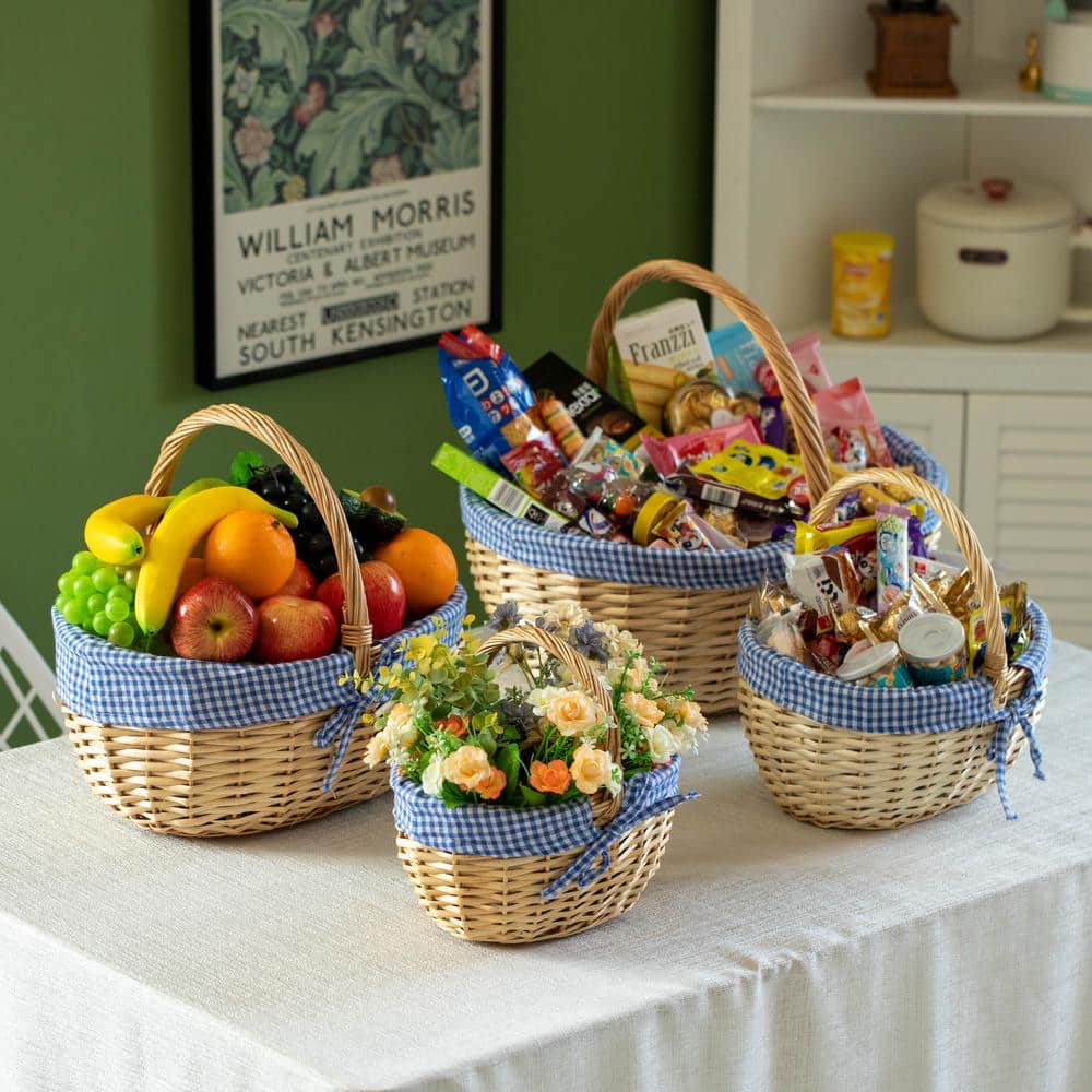 Large Natural Wicker Picnic Basket with Blue Plaid Liner