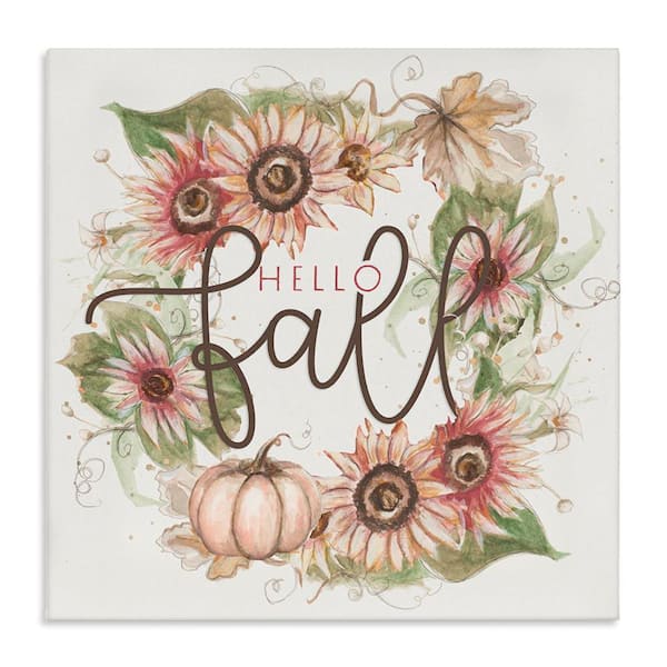 Stupell Industries Hello Fall Autumn Greeting Floral Pumpkin Wreath by Patricia Pinto Unframed Graphic Nature Art Print 17 in. x 17 in.