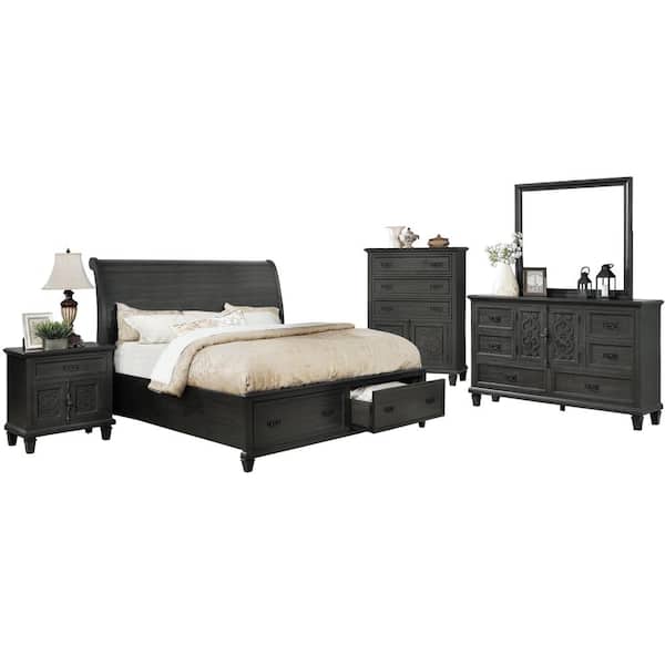 Best Quality Furniture Sleigh 5-Piece Rustic Grey Eastern King Platform Bedroom Set with Chest