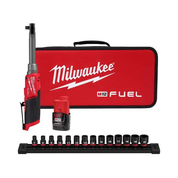 Milwaukee M12 FUEL 12V Lithium Ion Brushless 3 8 in. Extended Reach High Speed Cordless Ratchet Kit Metric Socket Set 2569 21 49 66 7007 The Home Depot