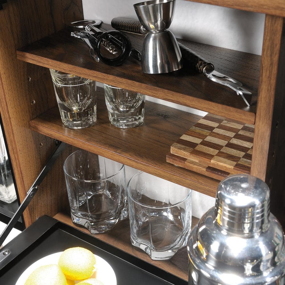 Grand Walnut and Black Wall Bar with Flip-Down Top