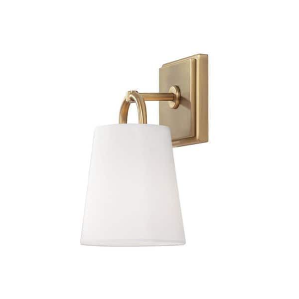 Brody 6 in. 1-Light Aged Brass Sconce with White Fabric Shade