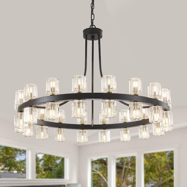 36.6 In. 36-Light Black Glass Crystal Modern Industrial Wagon Wheel Chandelier for Dining Living Room Foyer Staircase