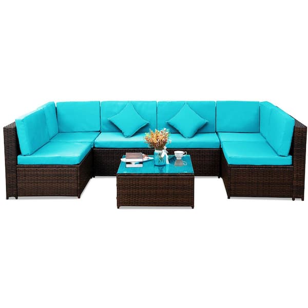 SunFurnn Brown 7 Pieces PE Hand Woven Rattan Wicker Outdoor Furniture Sectional Sofa Set With Blue Cushion