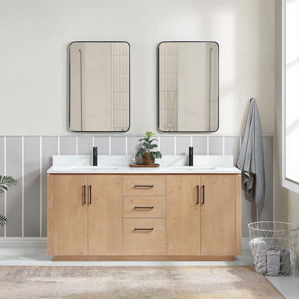 ROSWELL San 72 in.W x 22 in.D x 33.8 in.H Double Sink Bath Vanity in Fir Wood Brown with White Composite Stone Top and Mirror