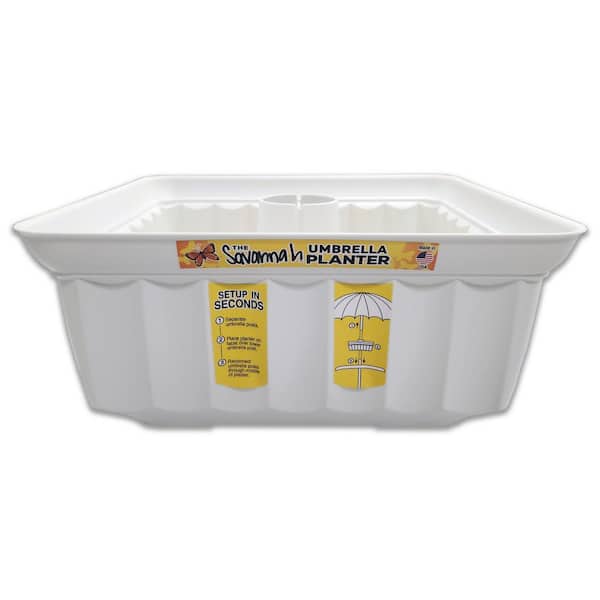 THE SAVANNAH PLANTER 13 in. L x 13 in. W x 5.5 in. H Square Savannah Planter White Medium Plastic Tabletop Umbrella Planter