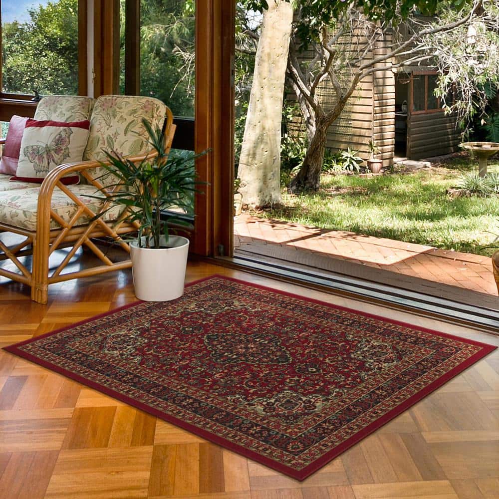 Red Oriental Design Low Pile Non-Slip Area Rug