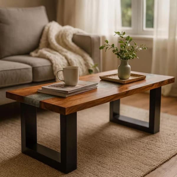 19.7 in. Brown and Black Rectangle Wood Coffee Table with Sled Base