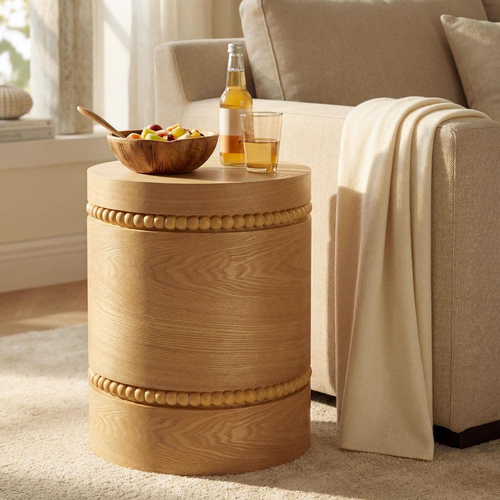 Calmont Modern Rustic 15.75 in. Natural Round Cylindrical MDF Wood Side Table End Table with Beaded Trim