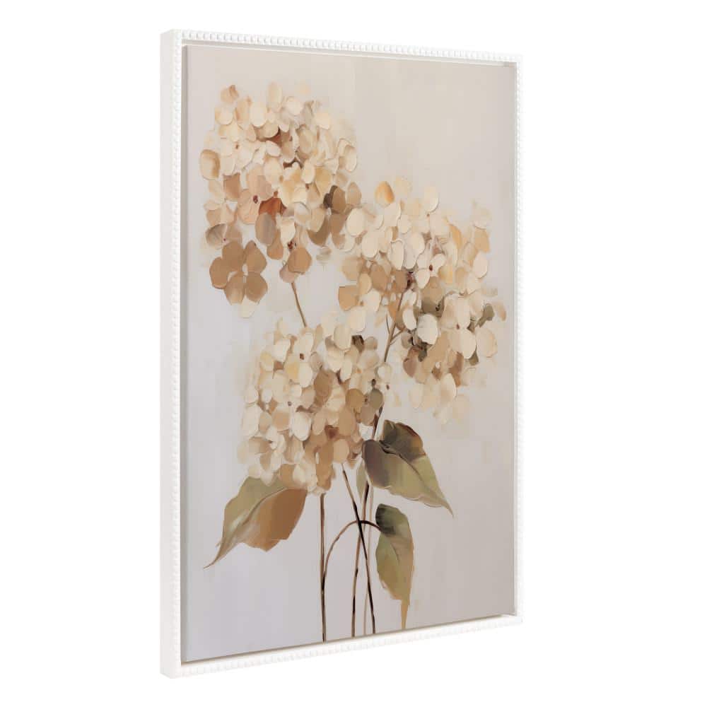 Soft Hydrangeas Beige and White Canvas Print with Beaded Frame