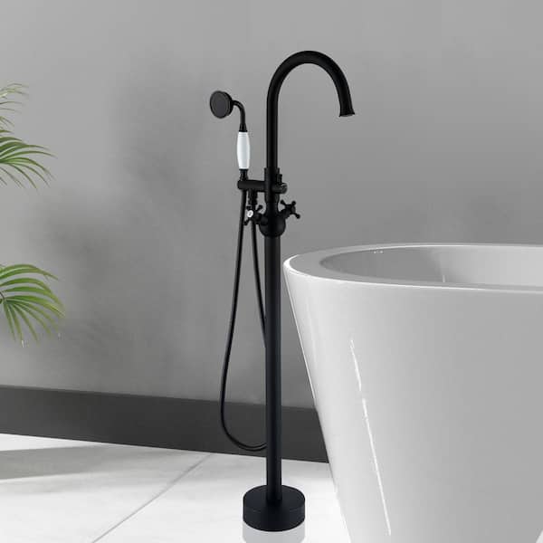 2-Handle Floor Mount Freestanding Tub Faucet with Hand Shower in Matte Black