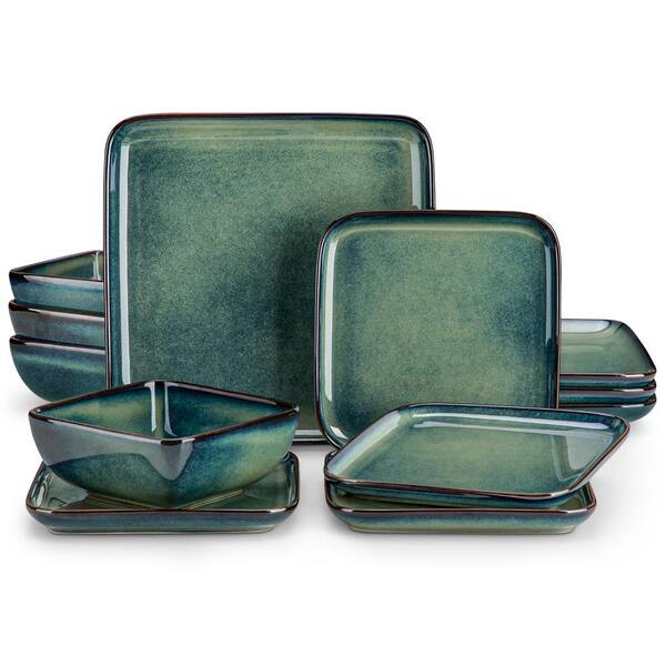 12-Piece Square Reactive Glaze Green Stoneware Dinnerware Set Service for 4 Dinnerware Sets