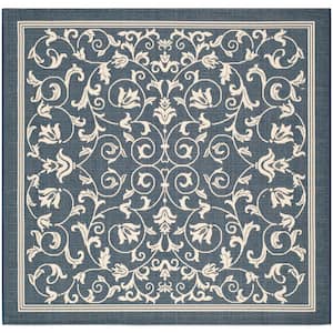 Courtyard Navy/Beige 5 ft. x 5 ft. Border Scroll Floral Indoor/Outdoor Patio  Square Area Rug