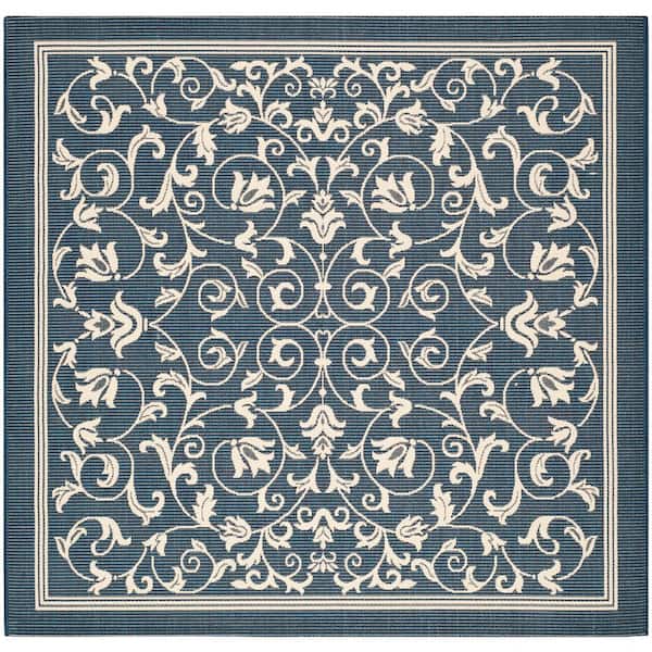 SAFAVIEH Courtyard Navy/Beige 5 ft. x 5 ft. Border Scroll Floral Indoor/Outdoor Patio  Square Area Rug