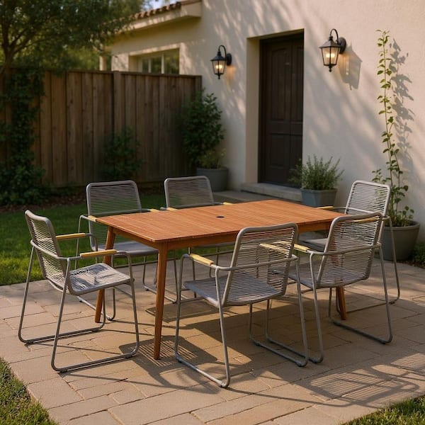 June 7-PieceTeak Finish Wood 100% FSC and Aluminum Patio Dining Set