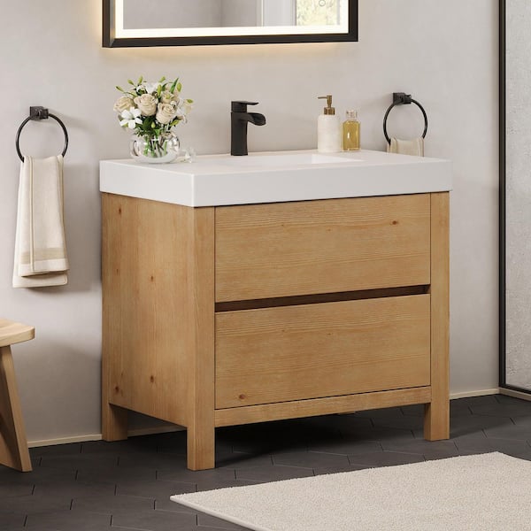 Cascadia 36 in. Single Freestanding Weathered Fir Bath Vanity with White Artificial Stone Top Assembled