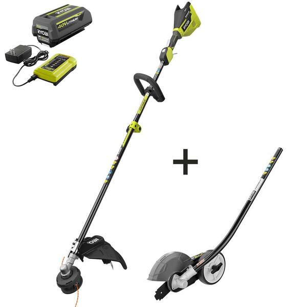 RYOBI 40V Brushless Cordless Battery Attachment Capable String Trimmer and Edger Attachment with 4.0 Ah Battery and Charger