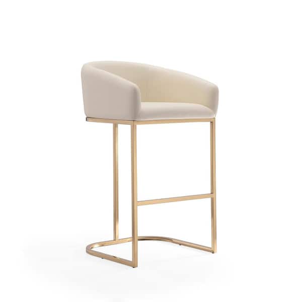 Manhattan Comfort Louvre 30 in. Cream and Titanium Gold Metal Frame Bar Stool with Faux Leather Upholstered Seat