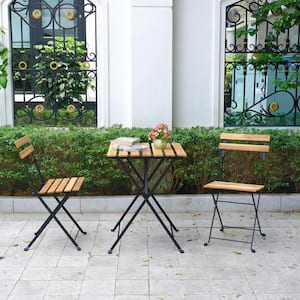 Brown 3-Piece Solid Teak Wood Power Coating Frame Outdoor Bistro Set with 2 cushions