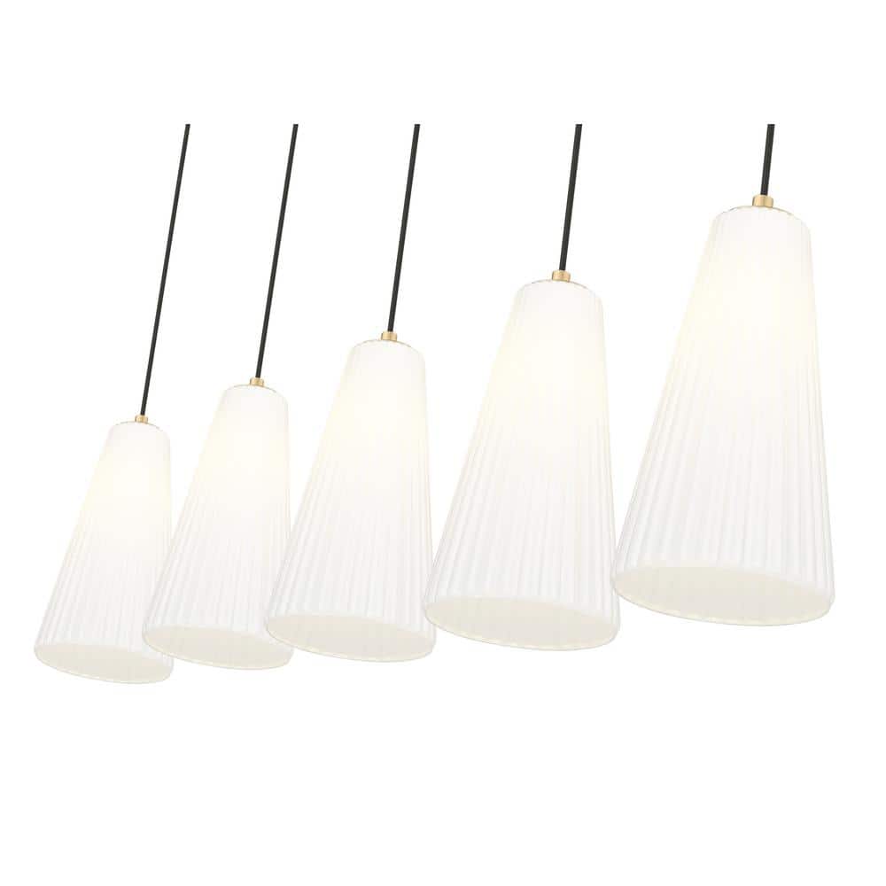 Modern Gold and Nickel 5-Light Linear Chandelier with Frosted Glass Shades