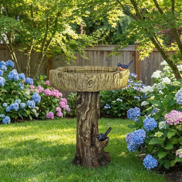 Trunk Series 24.4 in. H Brown Fibre-Reinforced Concrete Bird Bath with Tree Trunk Base，Outdoor Decor