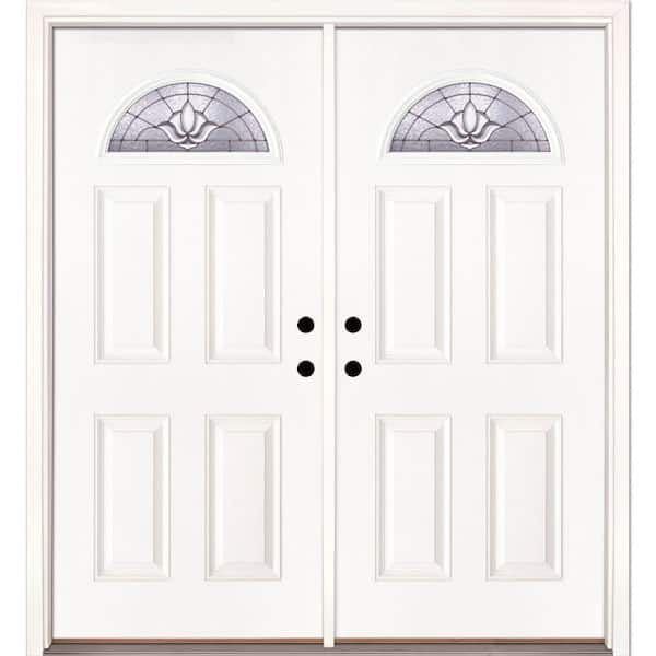 74 in. x 81.625 in. Medina Zinc Fan Lite Unfinished Smooth Right-Hand Inswing Fiberglass Double Prehung Front Door