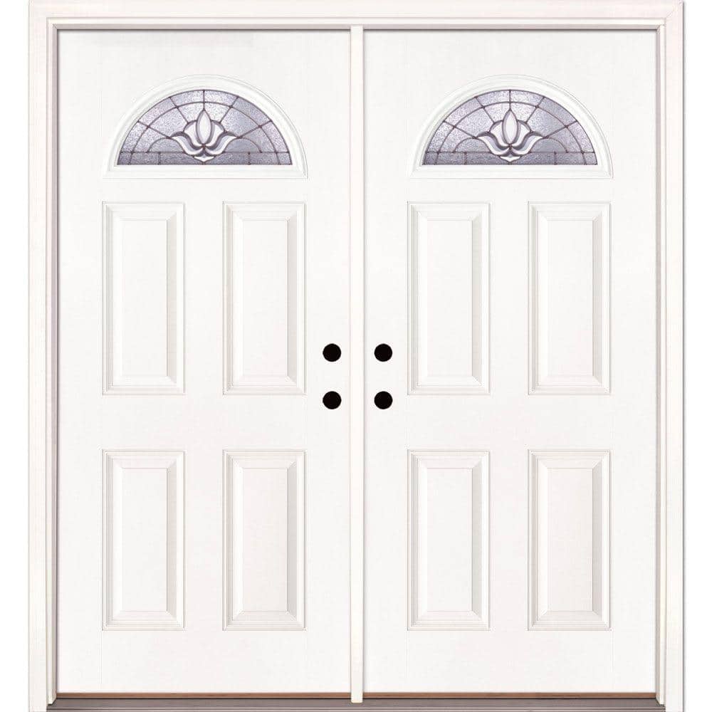 Feather River Doors 74 in. x 81.625 in. Medina Zinc Fan Lite Unfinished Smooth Left-Hand Inswing Fiberglass Double Prehung Front Door, Smooth White- Ready to Paint -  432101-400