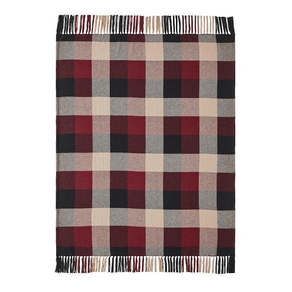 VHC Brands Heritage Farms Burgundy Tan Black Primitive Check Woven 50 in. x 60 in. Cotton Blend Throw Blanket