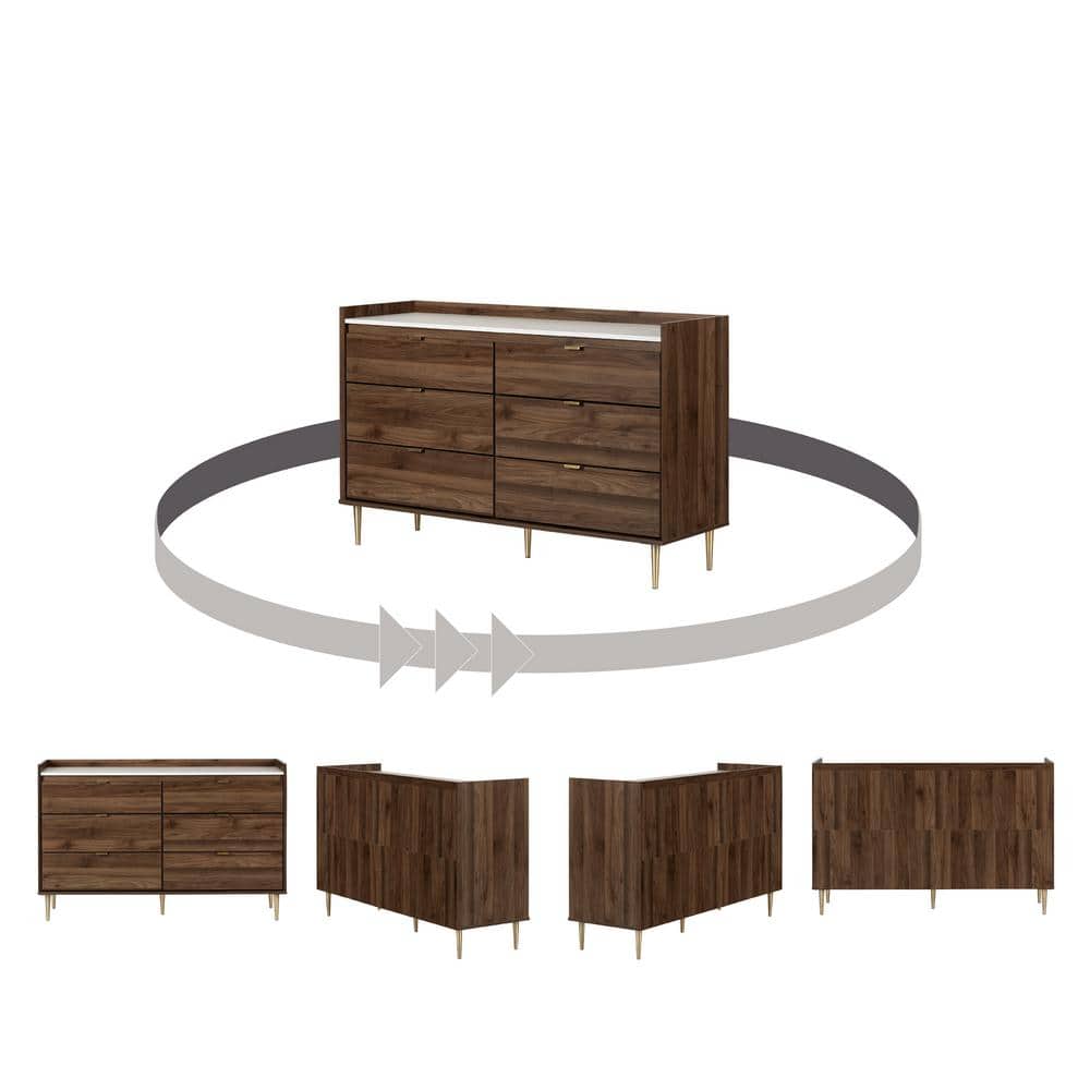 Elegant 6-Drawer Double Dresser in Natural Walnut with Brass Accents