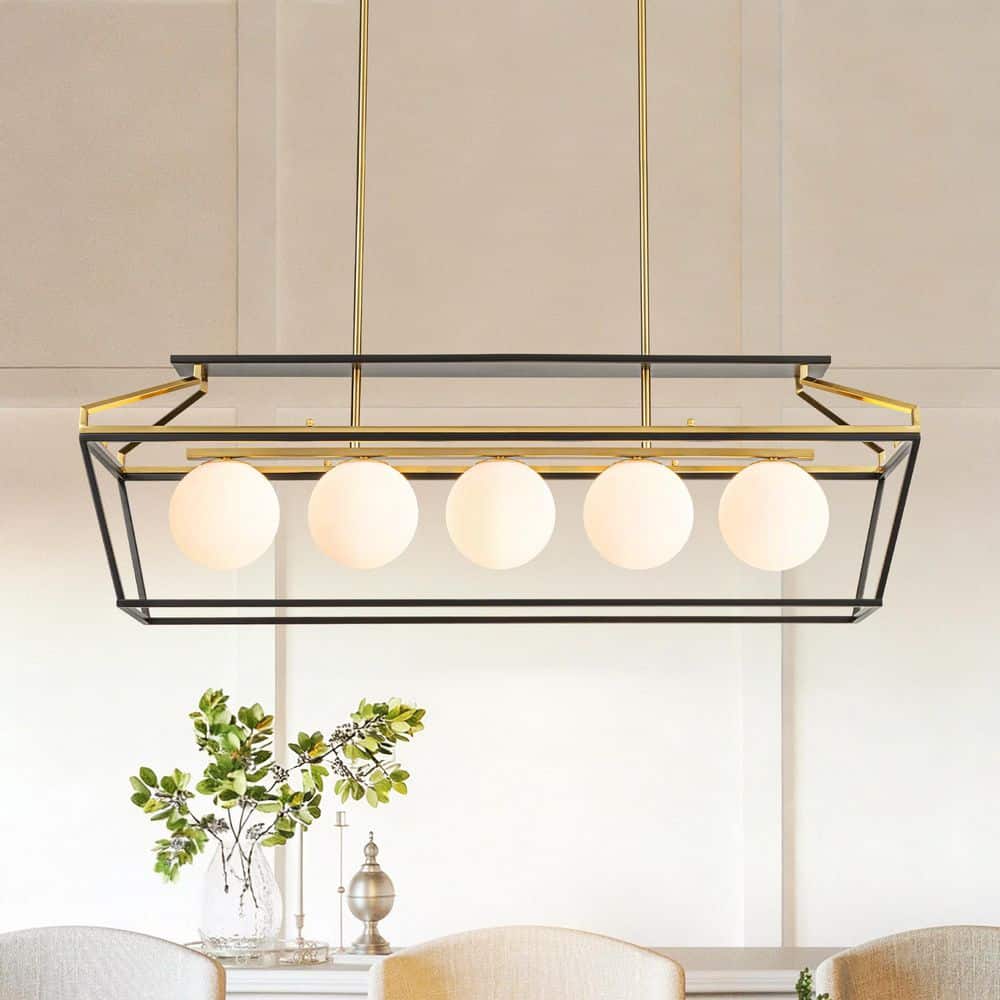 Rennnsan Sylin 43.3 in. 5-Light Black and Brass Modern Geometric