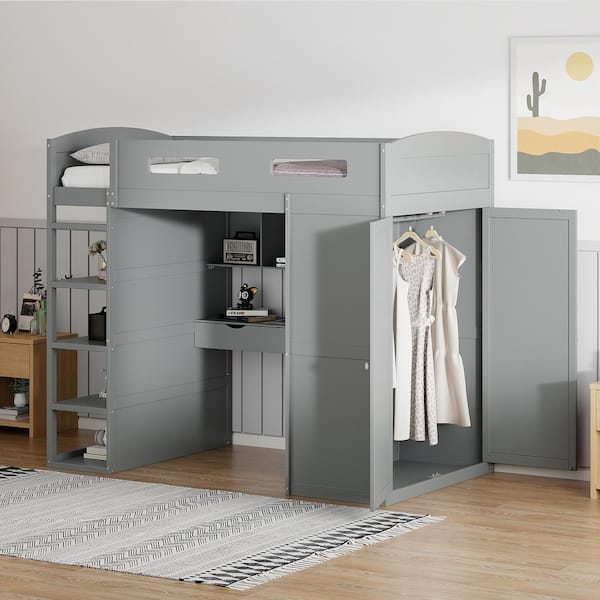 Harper & Bright Designs Gray Twin Size Loft Bed with Wardrobe, Desk, 4 Drawers, 4 Shelves, Open Cabinet