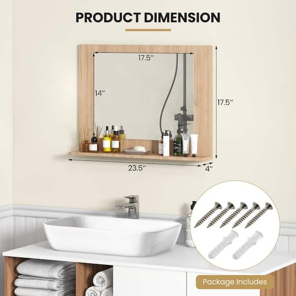【Wooden Frame Mirror】木枠 ミラー 鏡 Gymax 23.5 in. W x 17.5 in. H Rectangle Wood Frame Bathroom Mirror