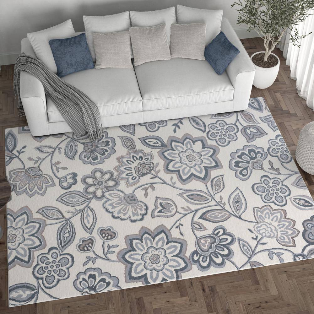 Cream Floral Synthetic 5' x 7' Reversible Area Rug