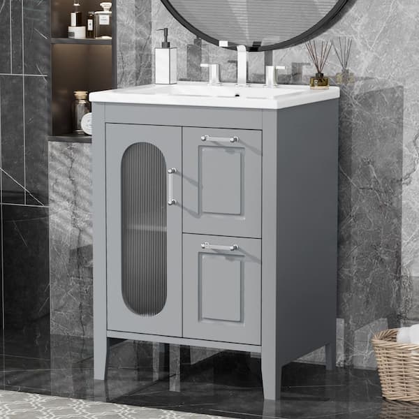 24 in W x 18.3 in. D x 33.2 in H Single Sink Freestanding Gray Bath Vanity with White Ceramic Top and Adjustable Shelf