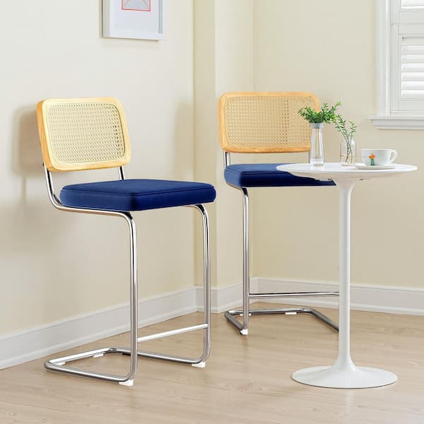 Royal Blue Upholstered Velvet 26 in. Height Bar Stool with Rattan Back (Set of 2)