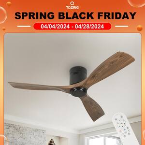 52 in. Indoor Industrial Black Wood Windmill Flush Mount Ceiling Fan without Light with Remote Control for Living Room